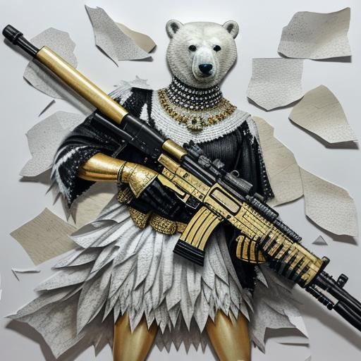 Torn paper collage - polar bear dressed like Queen with AK-47. Black and white mood, golden jewerly