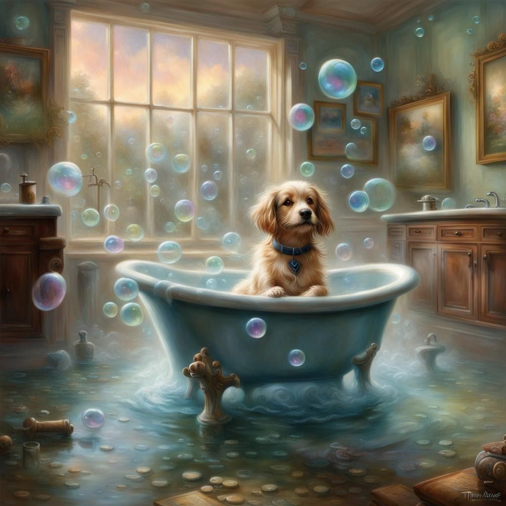 Dog in Flooded Bubble Bath: Ethereal Fantasy