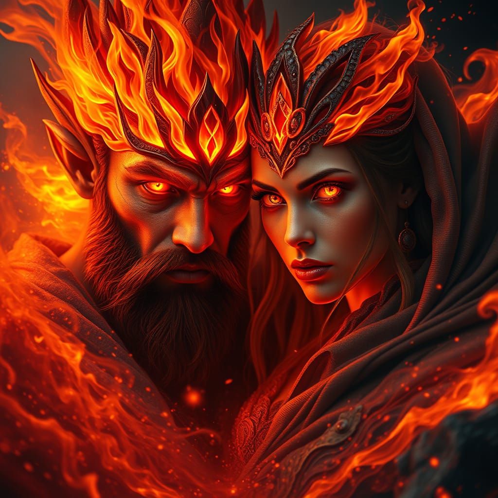 Fiery God and Goddess Couple in Hyper-Realistic Portrait