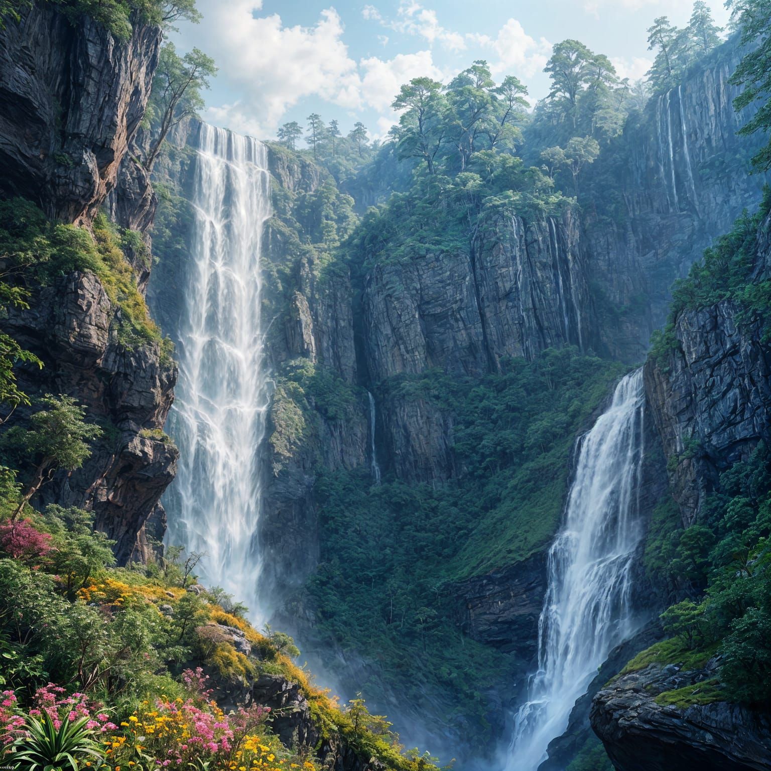 Majestic Waterfall Cascade in Vibrant, Dreamlike Landscape