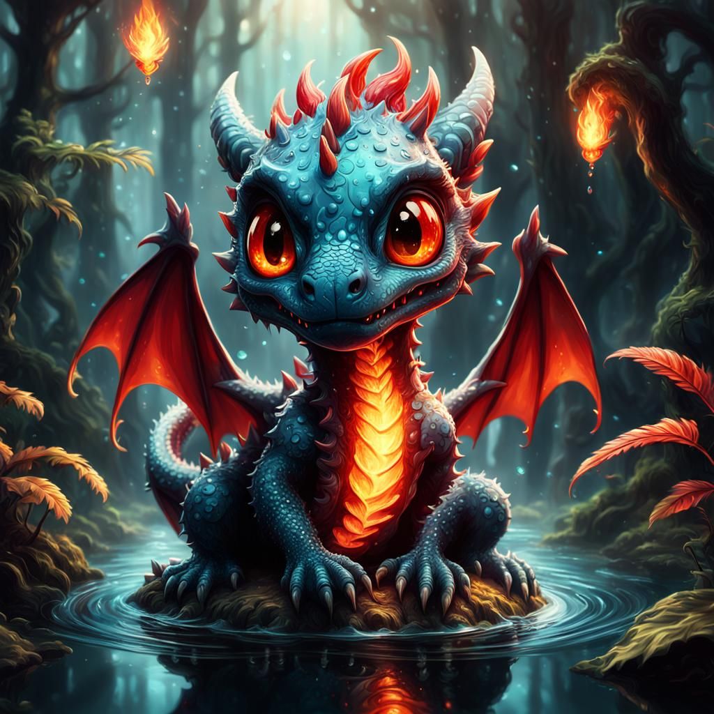 Adorable Flame Dragon in Magical Forest: 3D Digital Art