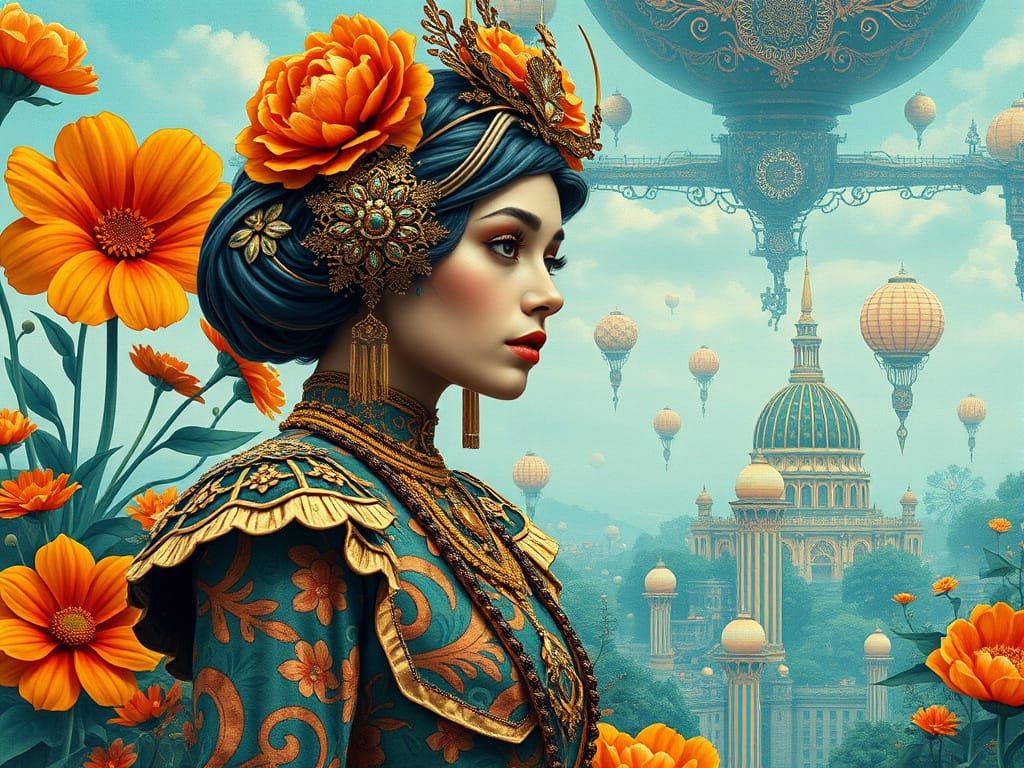 Retro-Sci-Fi Woman in Antique Fantasy Costume, Arcology City...