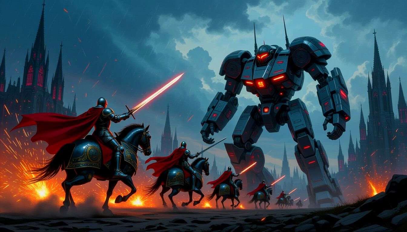 Knights vs Robots on Stormy Battlefield