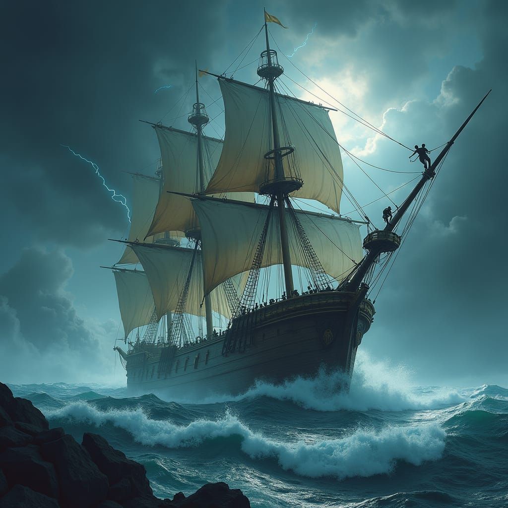 Galleon Battles Colossal Storm: Maritime Art