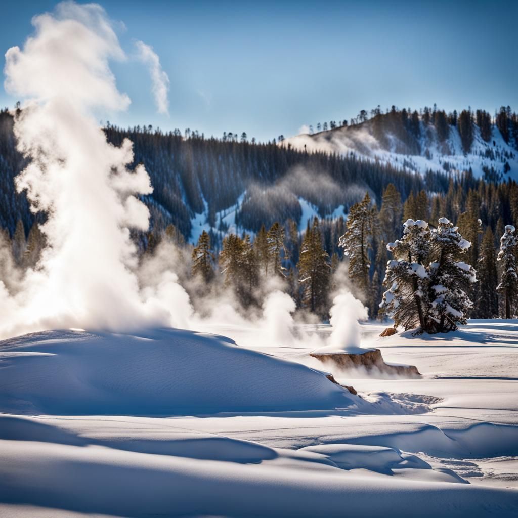 Yellowstone Winter Wonderland: Geysers and Bison in Snow