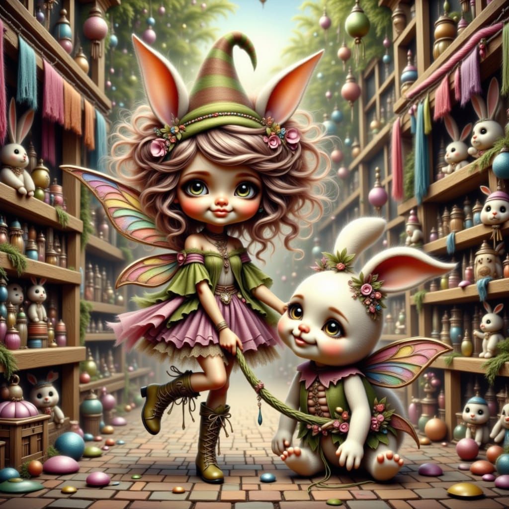 Whimsical Pixie and Plush Bunny in a Colorful Toy Store