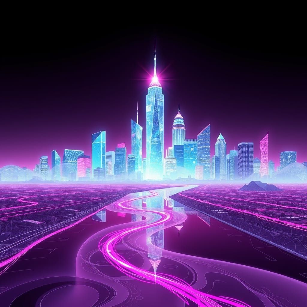 Ethereal River Unfolds Along Crystal City Skyline