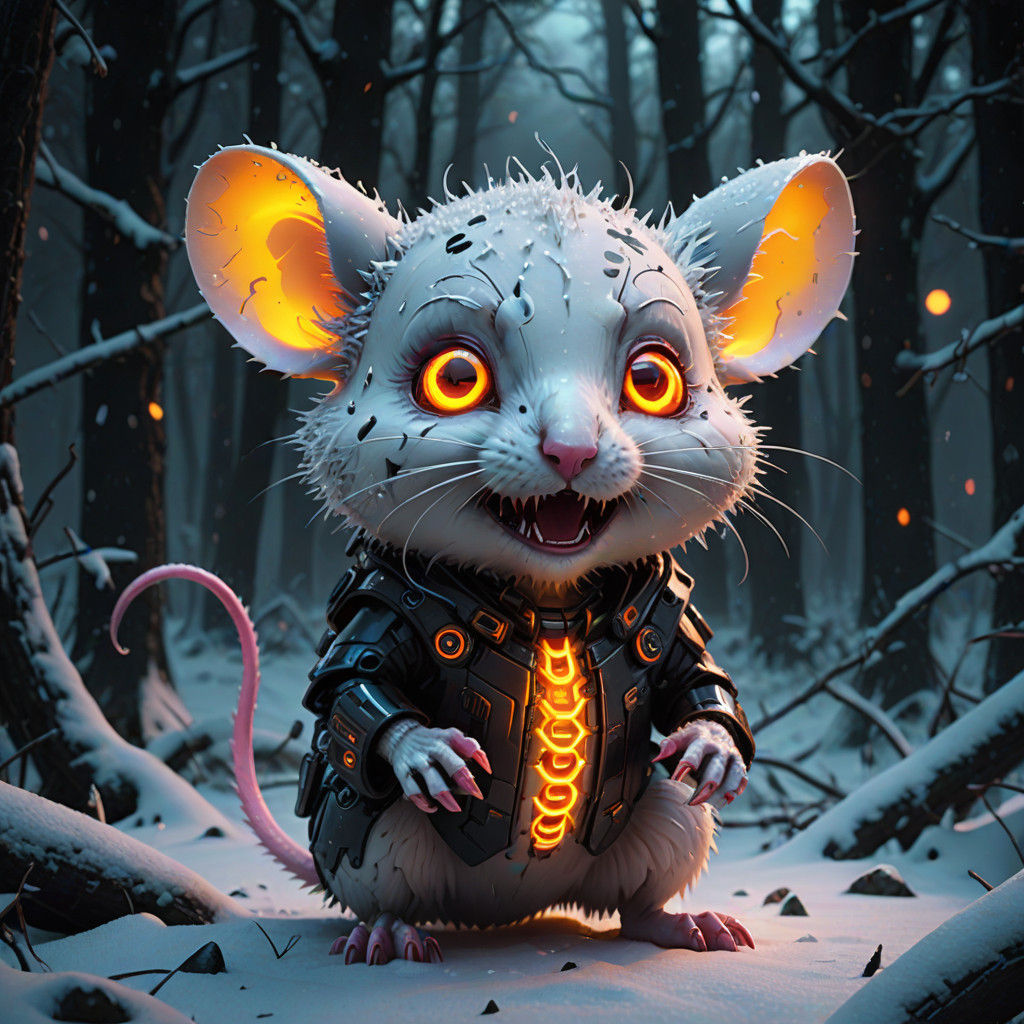 Cyberpunk Snow Mouse in Blazing Nighttime Forest