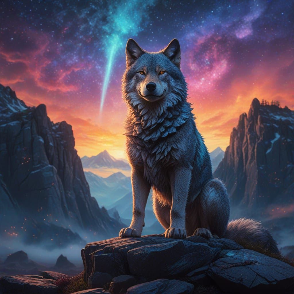 Nebula Wolf Concept Art in Pointillism Style