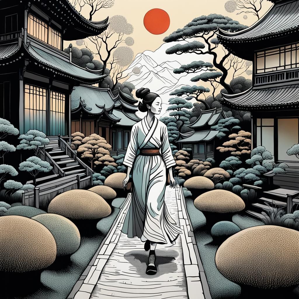 Woman in Zen Garden: 3D Black Ink Portrait