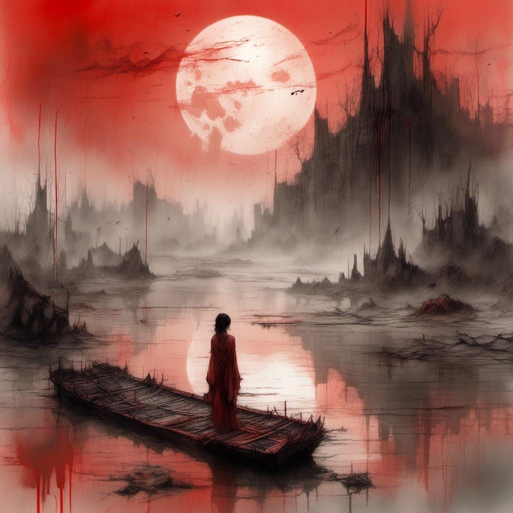 Dystopian Desert Oasis with Woman in Red Silk