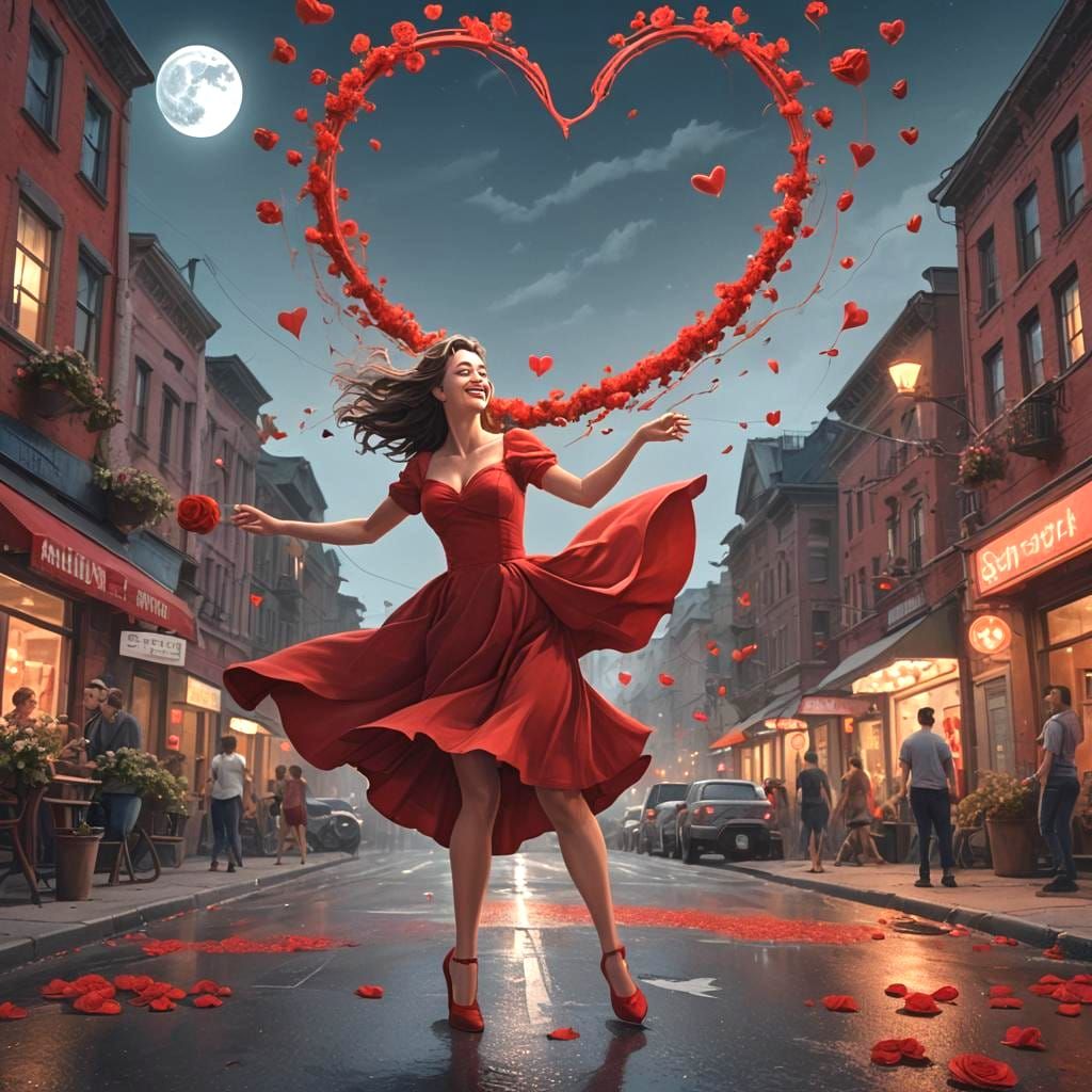 Elegant Woman Dancing in Moonlit Street, Detailed Matte Pain...