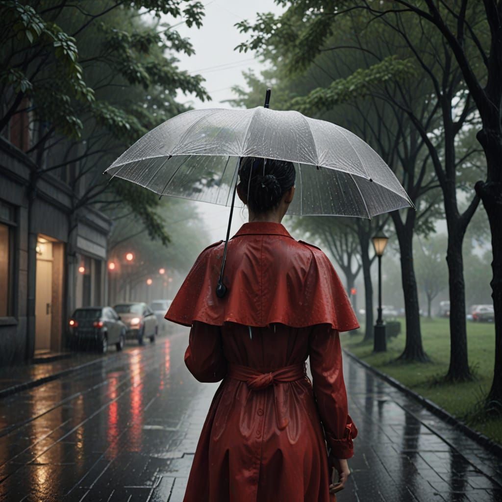 Woman in Red Dress in Rainy Mist