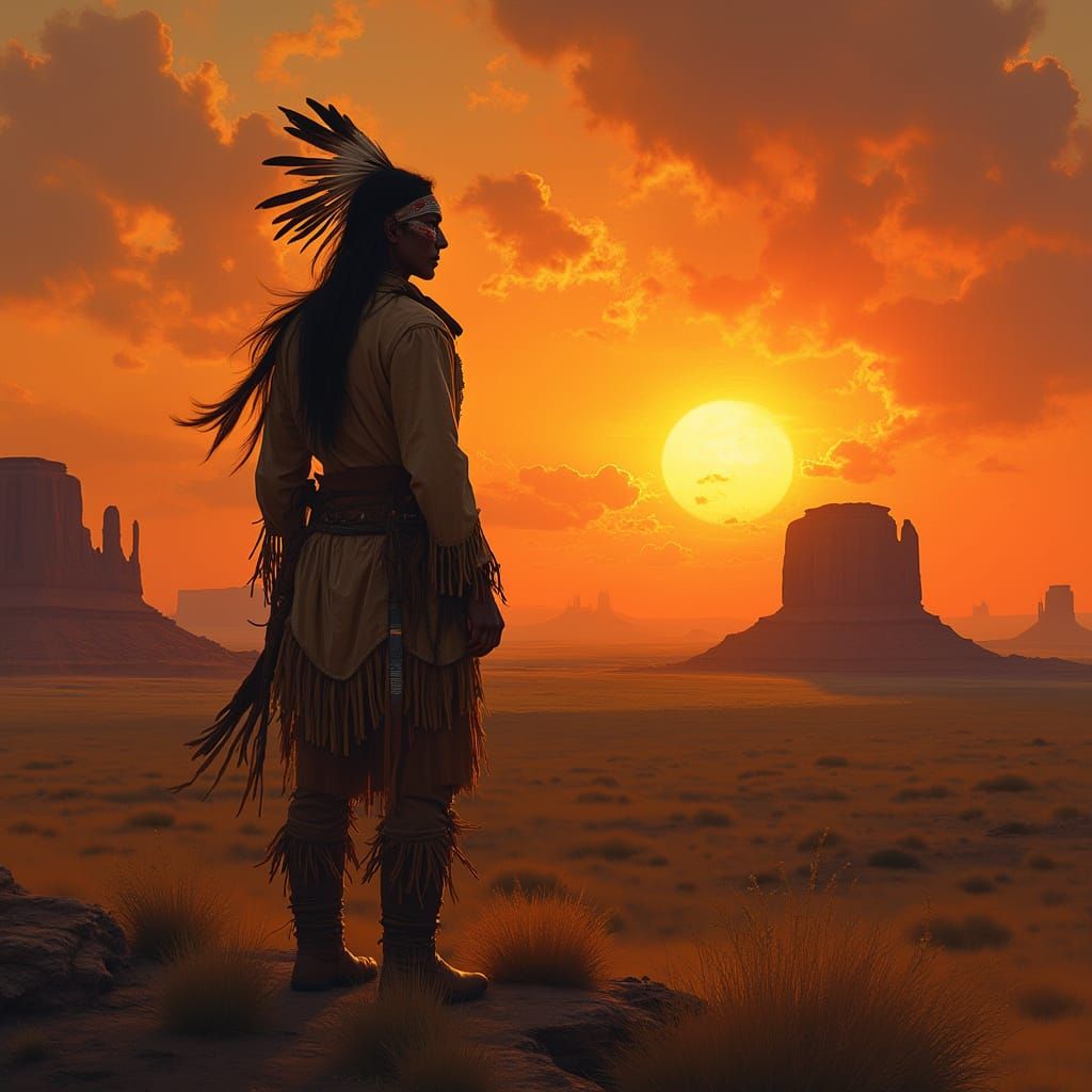 Native American Warrior at Sunset in Classic Western Style