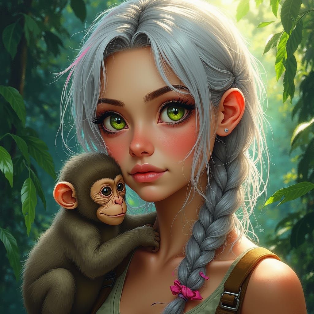 Jungle Explorer Portrait with Monkey in Mixed Media Style