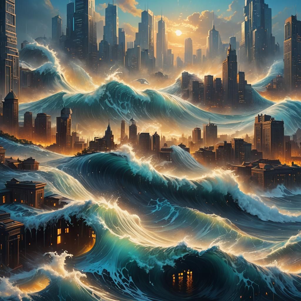 Numeral Wave Crashing Over Futuristic Cityscape