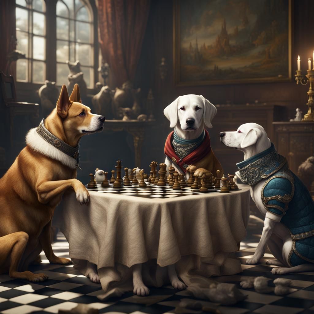 Dogs in Chess Attire Enjoying Croissants