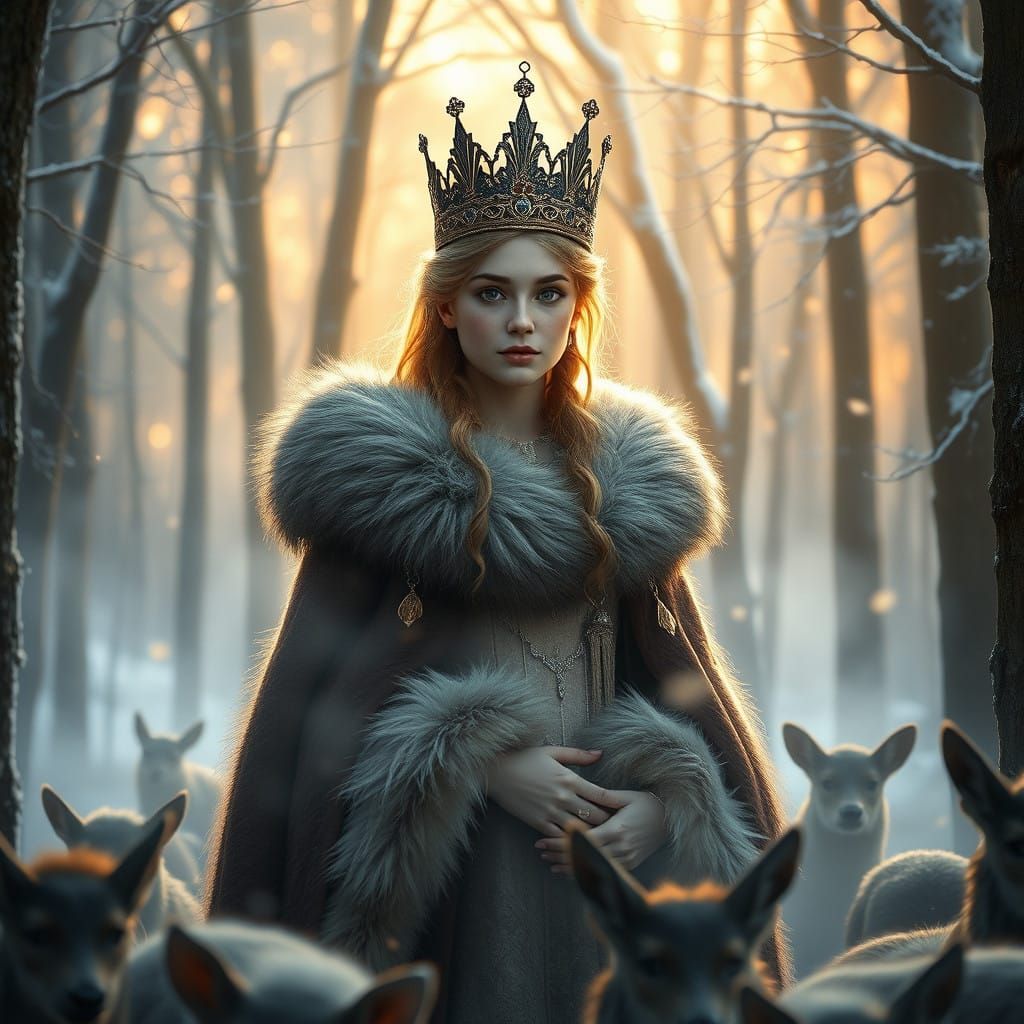 Winter Queen Surrounded by Animals in Mystical Forest, Ether...