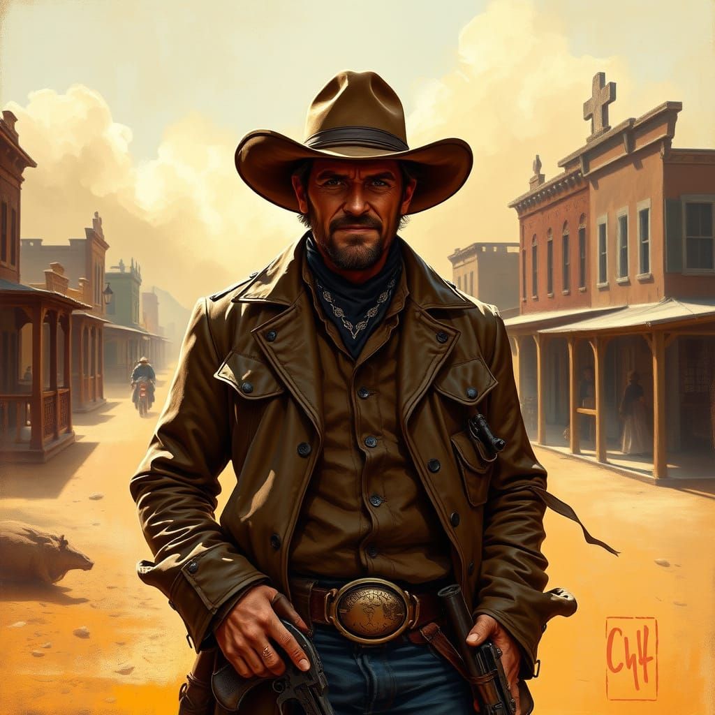 Charismatic Outlaw Stands Tall in Classic Western Town