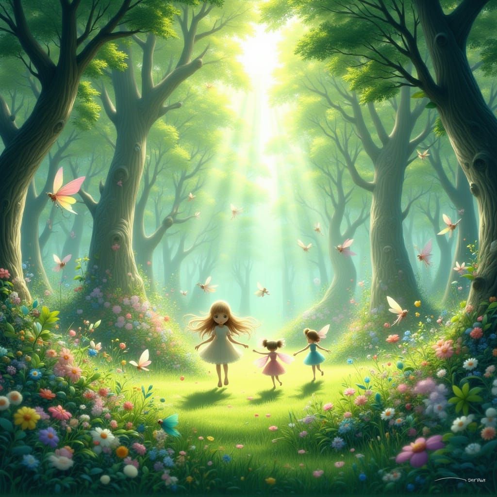 Lush Valley Filled With Tiny Fairies In Joyful Play