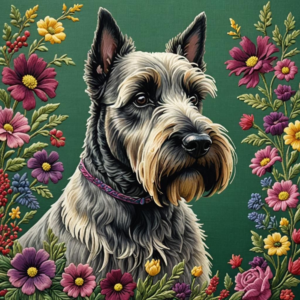 Hyperrealistic Scottish Terrier with Embroidered Flowers
