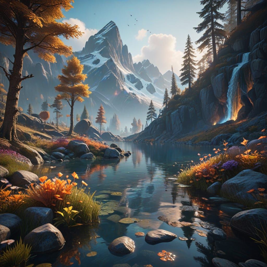 Ethereal Alpine Lake in Vibrant Cinematic Style