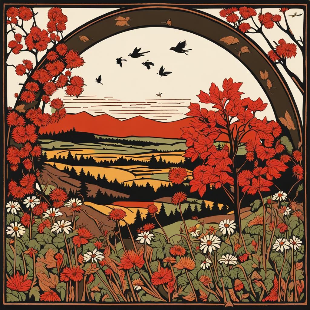 Wharton Esherick Style Woodcut of Wildflowers and Chickadee