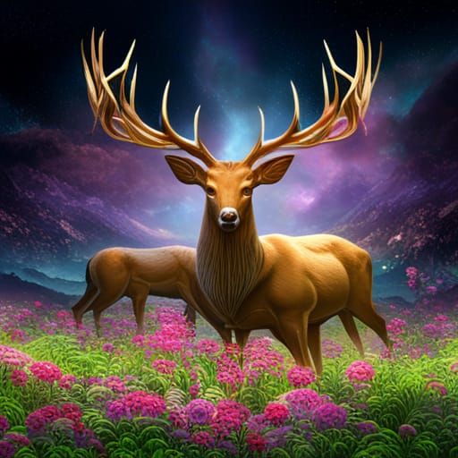 Shimmering Deer Grazing: Award-Winning Digital Art