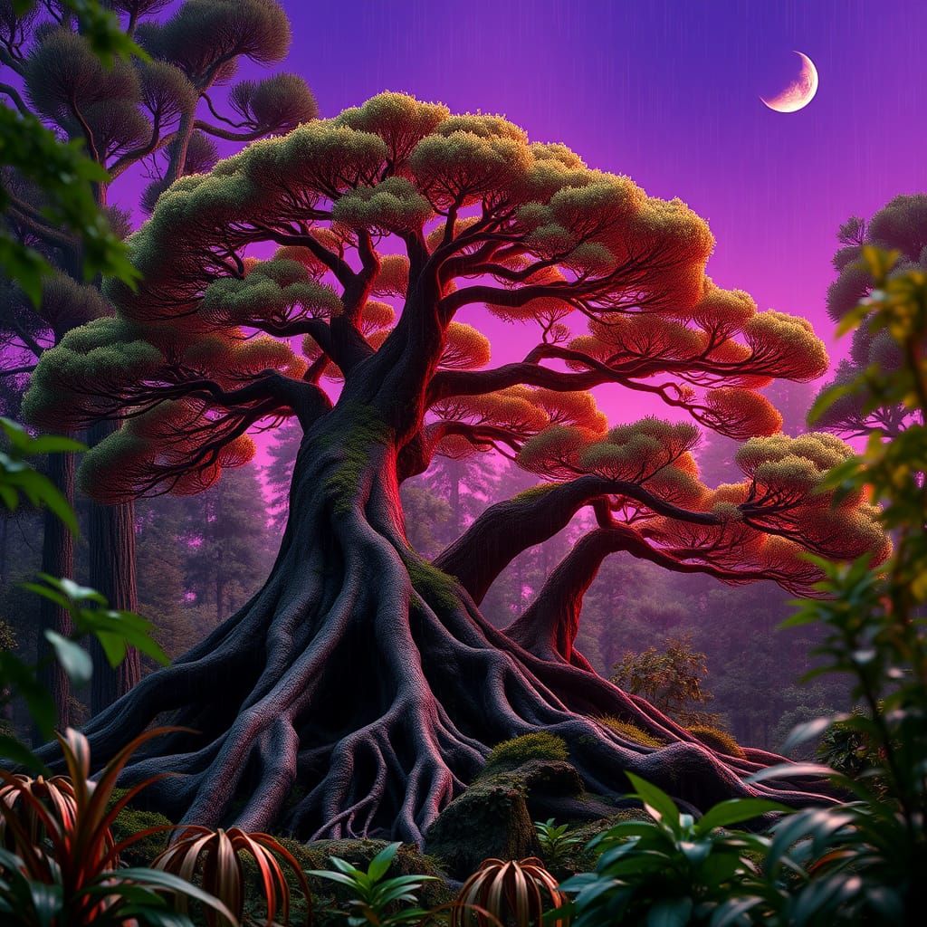 Surreal Japanese Red Pine Bonsai in a Mystical Forest