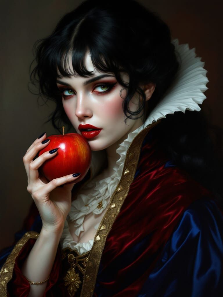 Sinister Queen with Red Apple in Dark Fairytale Portrait