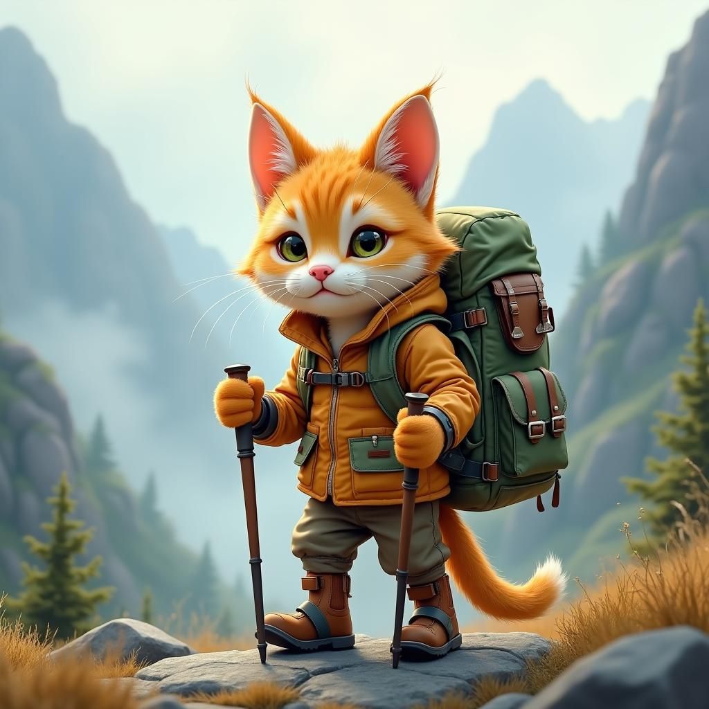Feline Hiker in Misty Mountains, Whimsical Art