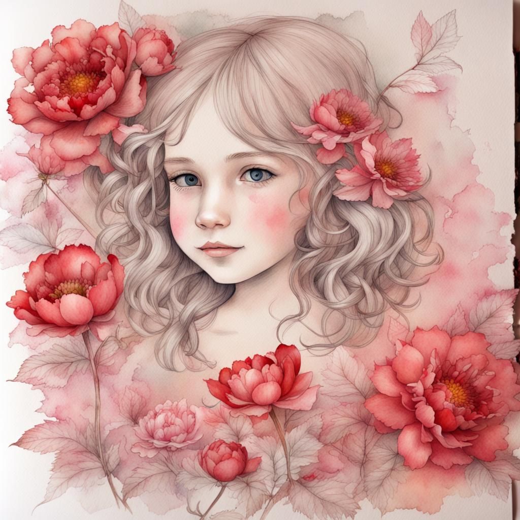 Girl with Peonies: A Whimsical Watercolor Portrait