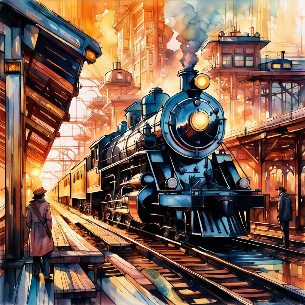 Futuristic City Steam Train, Digital Art Illustration