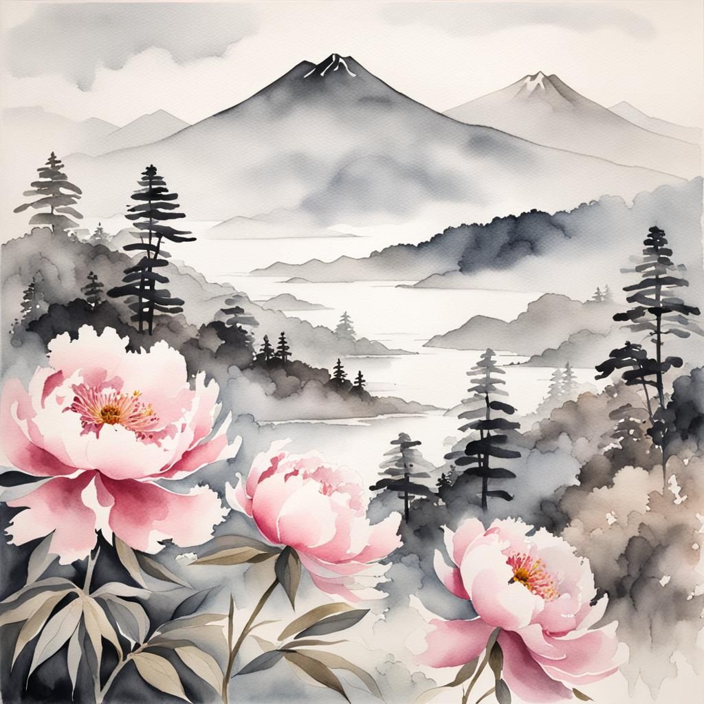 Japanese Watercolour Landscape with Pink Peonies