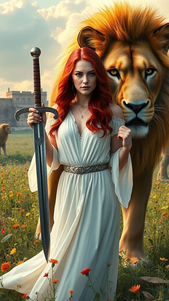 Graceful Woman and Lion in Battlefield Scene
