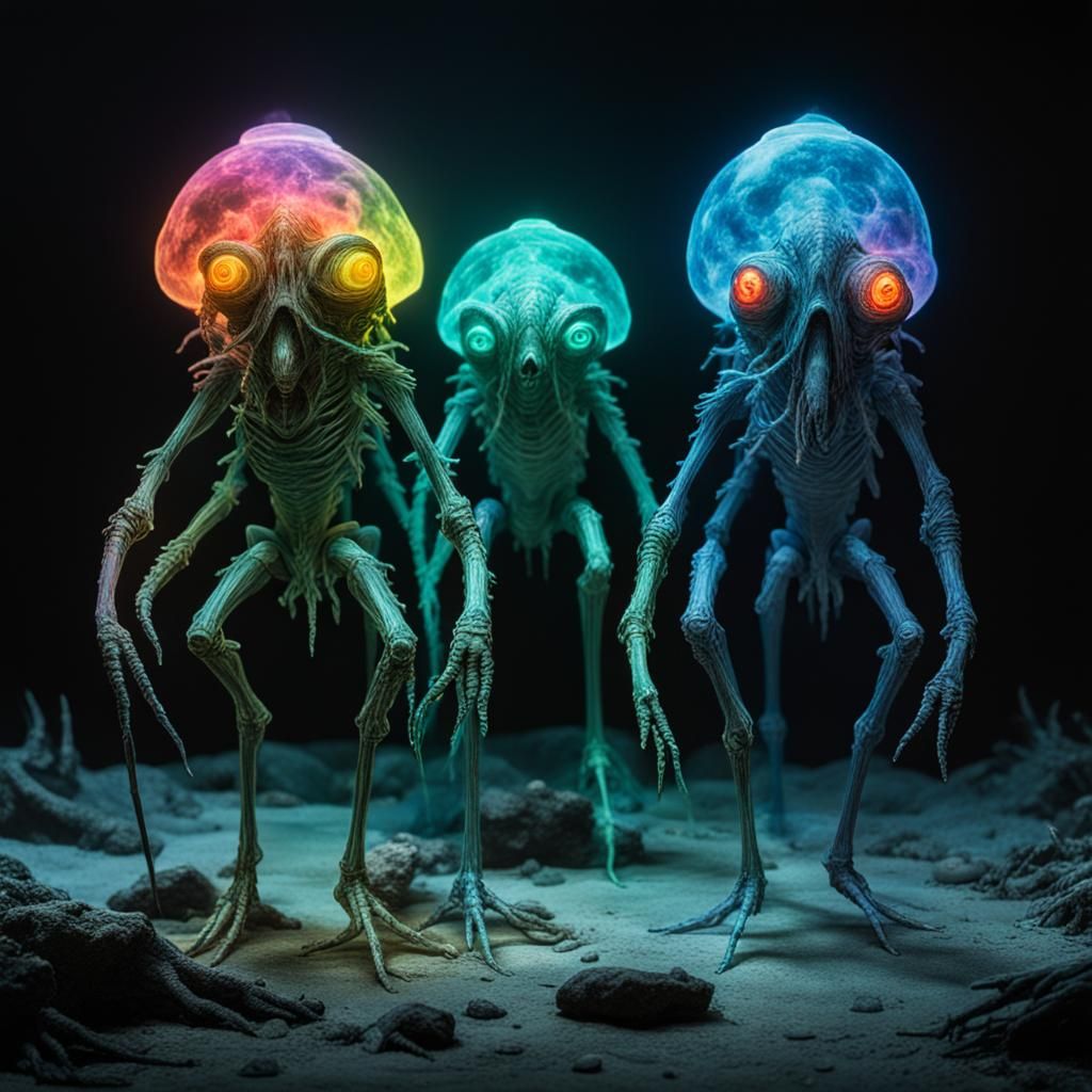 Bioluminescent Tripod Creatures in Gustave Doré Style