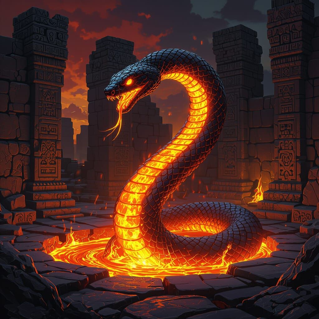 Fiery Tlaloc Serpent Emerges in Dark Fantasy Ruins