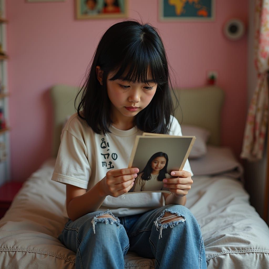 Sad Asian Girl Crying Over Photo in Photorealistic Style