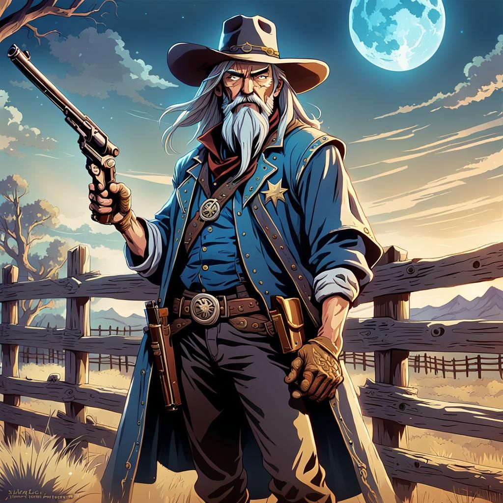 Cowboy Wizard Drawing Magic Gun in Anime Style