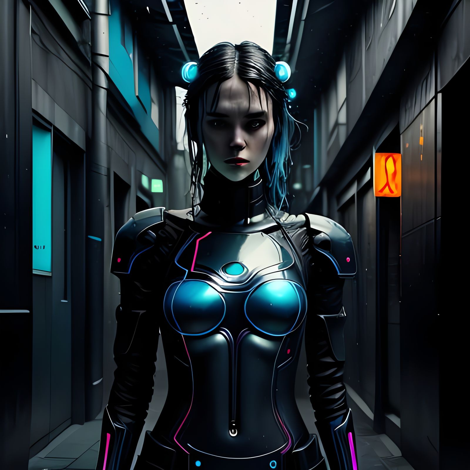 Cyberpunk Robot in Rainy City Alleyway