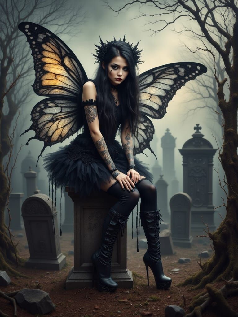 Melancholic Goth Fairy in Haunted Graveyard