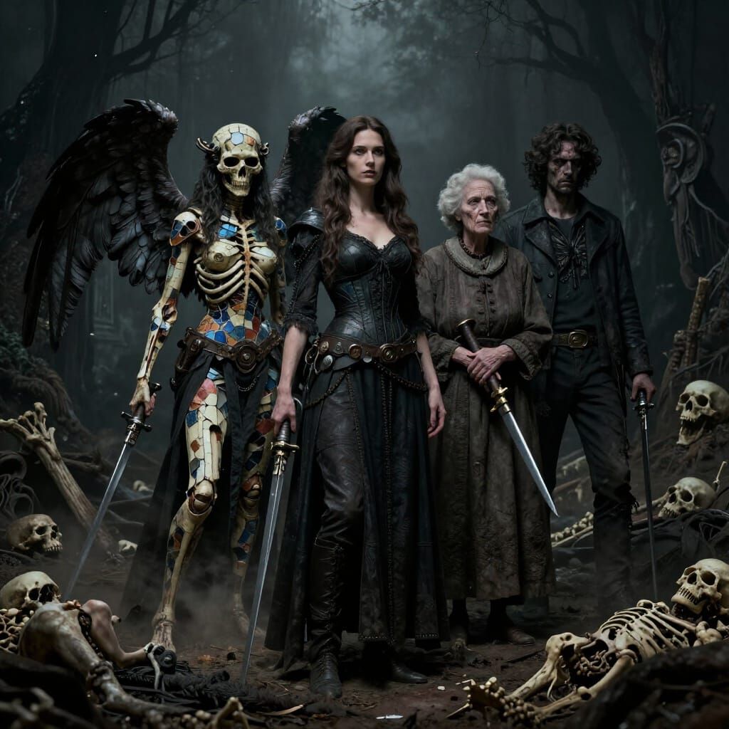 Gothic Angel of Death and Warriors in Dark Oasis
