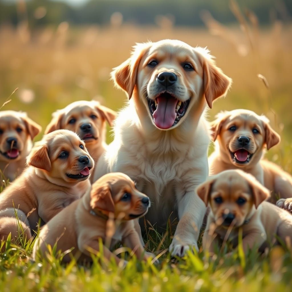 Golden Labrador and Puppies in Photorealistic Style