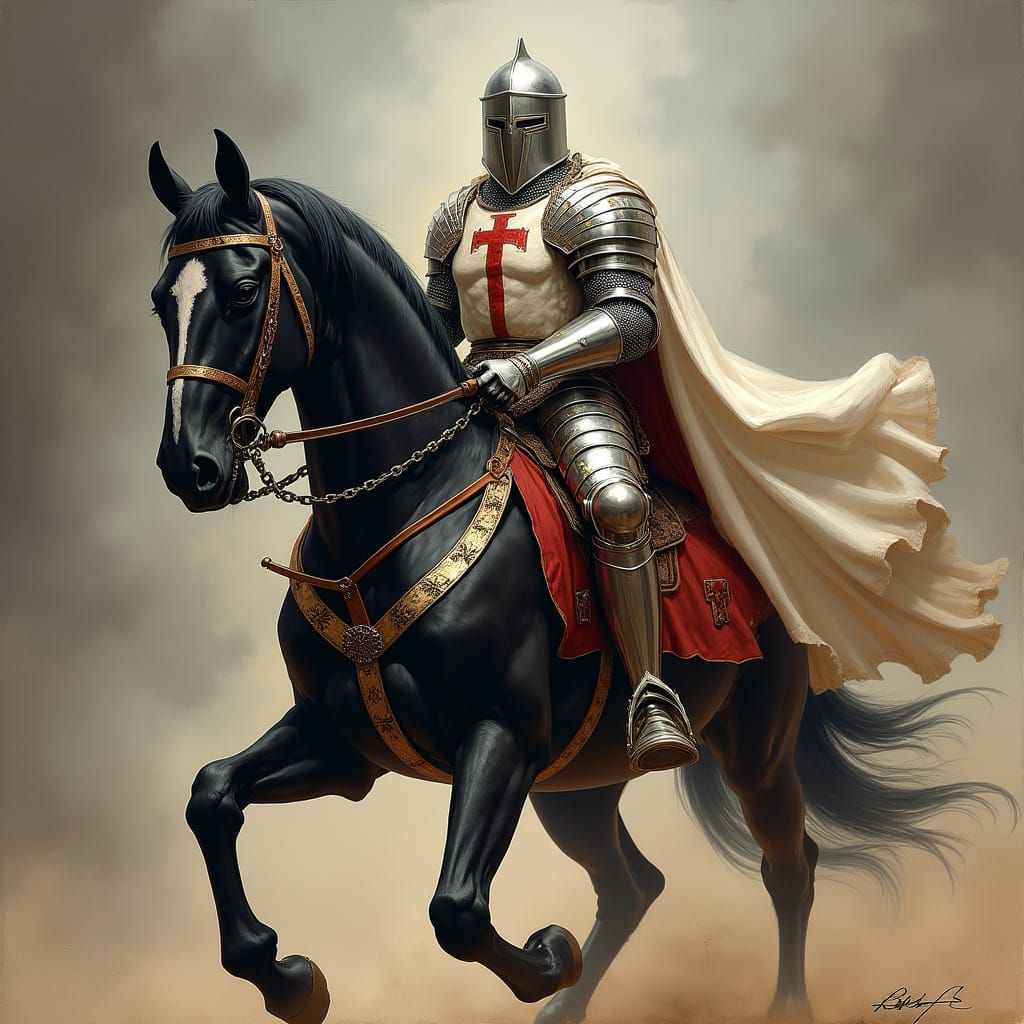 Knights Templar on Black Horse in Comic Book Style