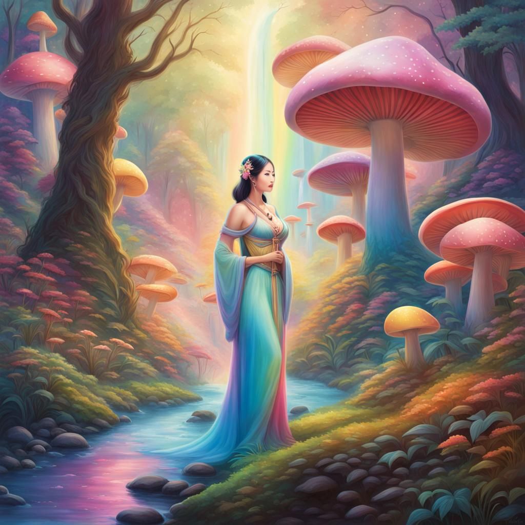 Enchanted Rainbow Forest: Pastel Portrait of Asian Woman