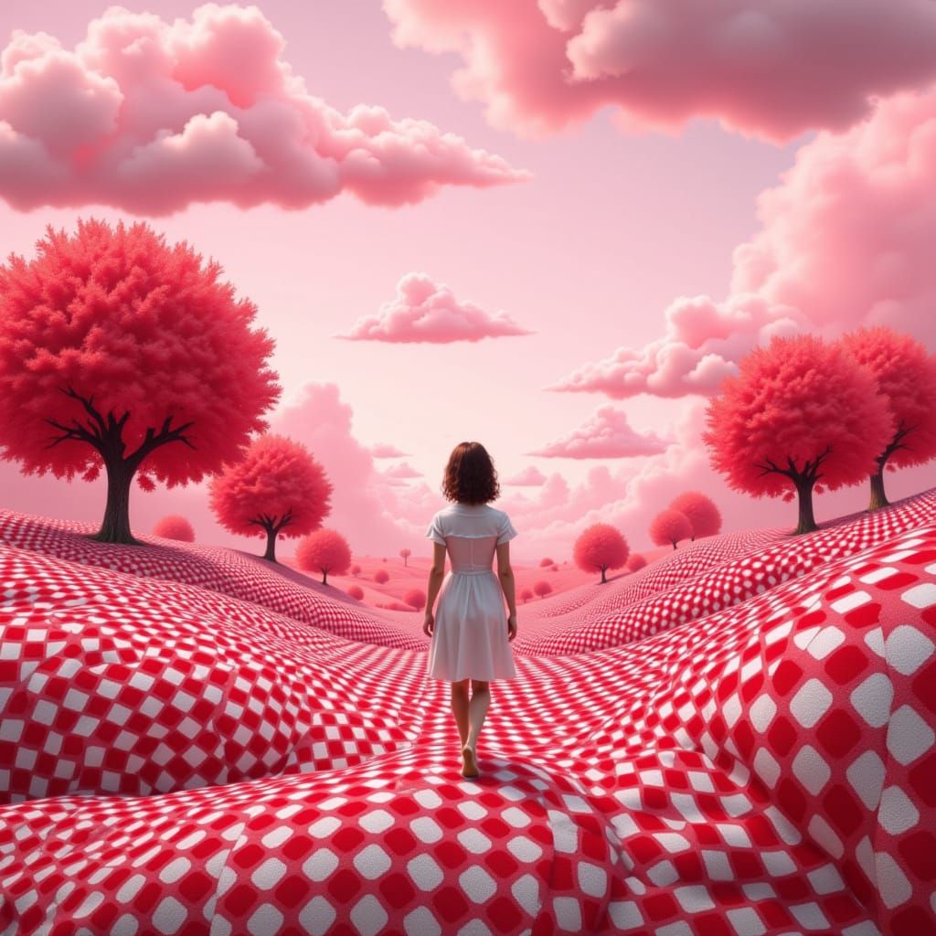 Whimsical Woman in Gingham Dreamscape
