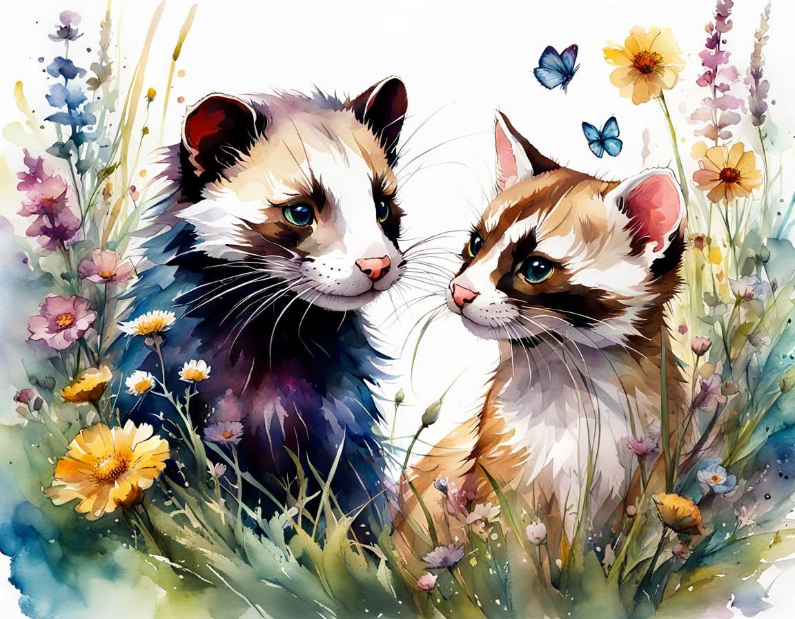Playful Ferret and Cat in Watercolor Style