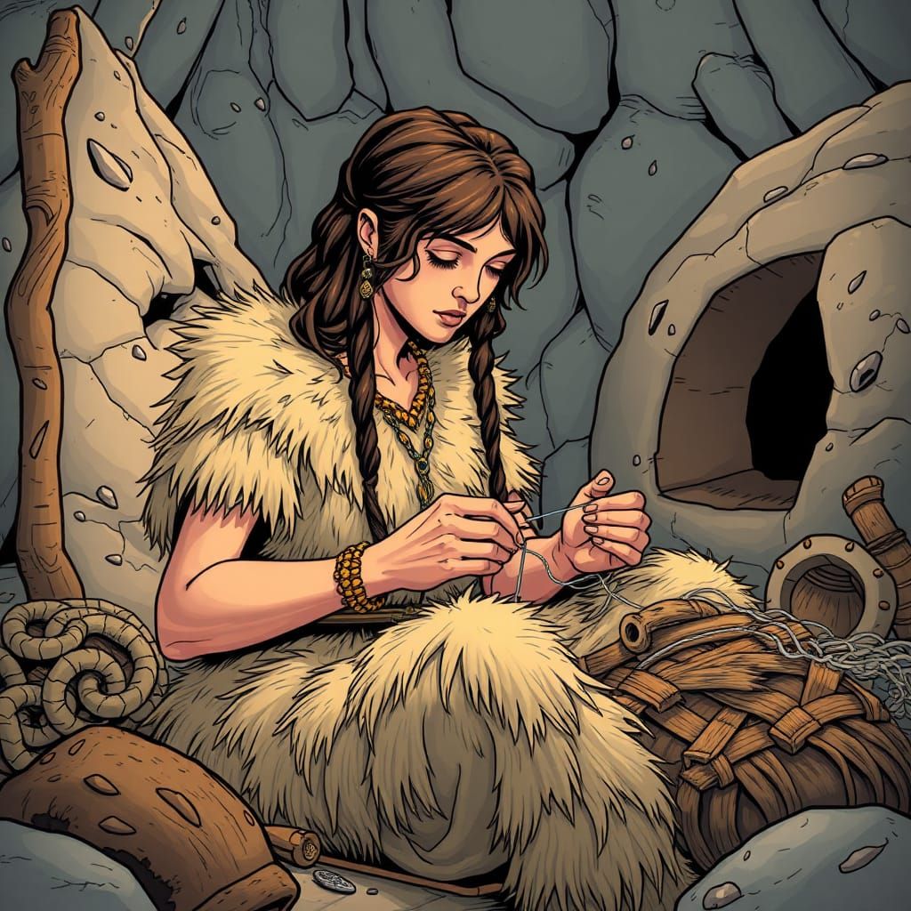 Prehistoric Woman Sewing in Comic Book Style