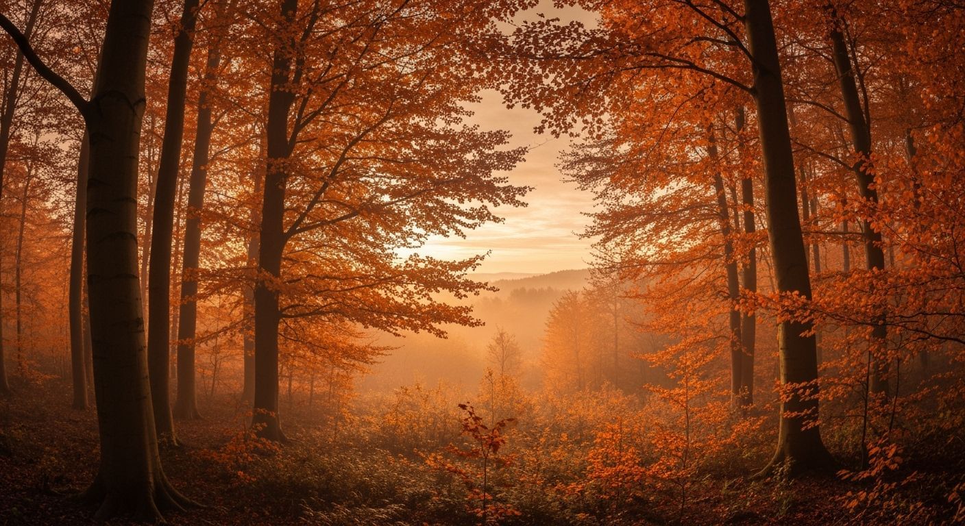 Magical Forest at Sunset with Orange Mist