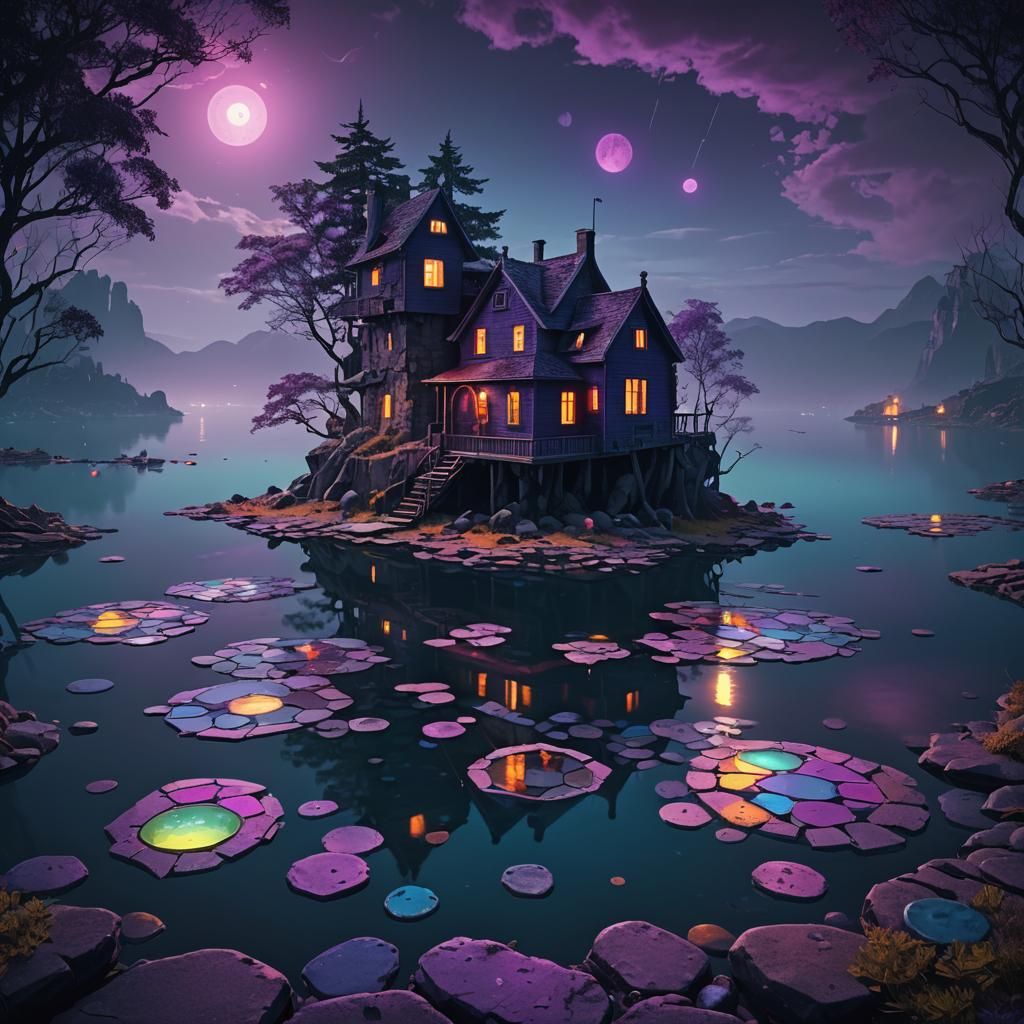 Cyberpunk Haunted House on Island with Eerie Lights